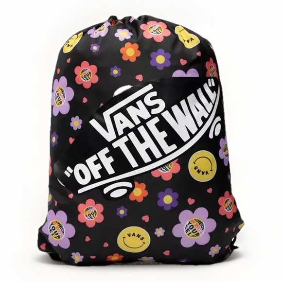 VANS Benched Bag Drawstring Backpack Unisex Shoulder Bag Black Floral Smiley - Picture 3 of 11